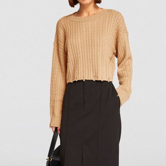 SANDRO- Cropped Cable-Knit Sweater in Beige - Picture 1 of 7